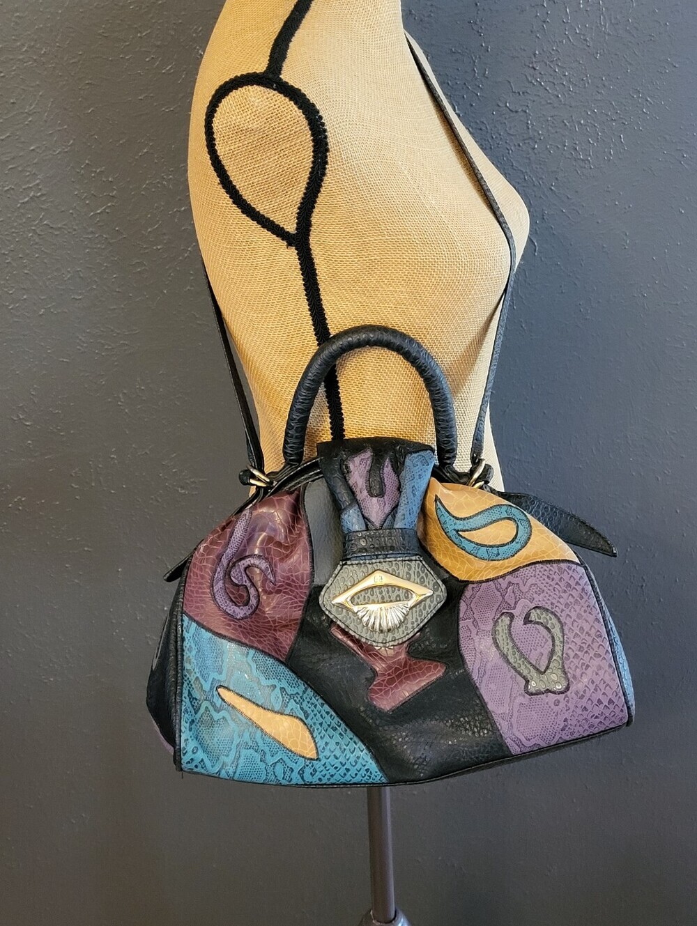 NAS Bag Faux Lizard Patchwork Vtg 80s Made In Korea Top Handle/Shoulder Strap - Picture 12 of 14